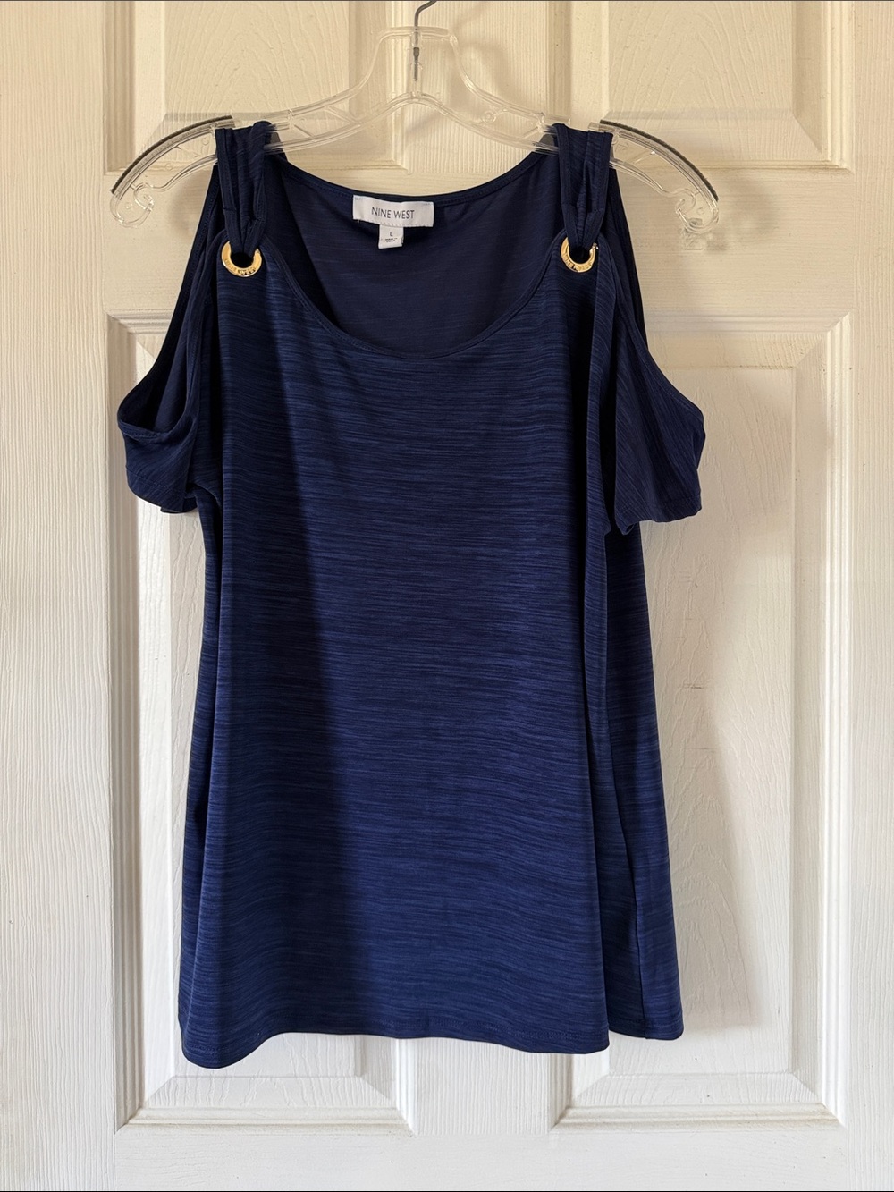 Nine West Navy Blue #Large Tie-Shoulder Tee with Gold Grommets